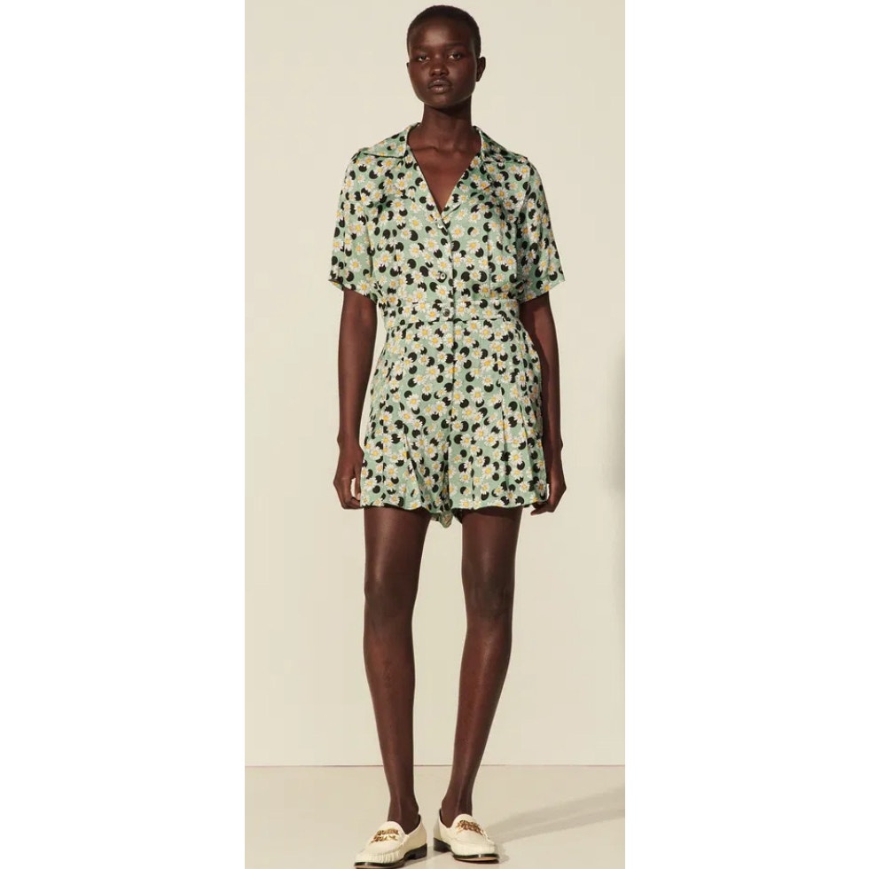 Sandro Printed Green Floral Playsuit Short Sleeve Casual Beach Women's 42 Us 10